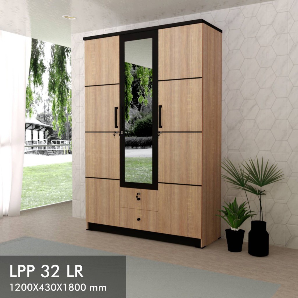 LEMARI PAKAIAN BAJU 3 PINTU DAN BERKACA ( BERCERMIN dan gantungan baju)