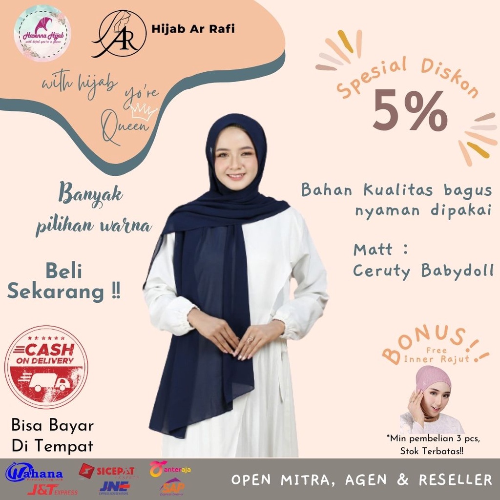 Hijab Arrafi Pasmina Instan Terbaru AR 466 Polos Ceruty Baby Doll Hasenna Hijab