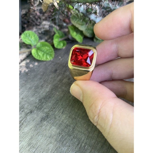 Cincin Pria Octagon Minimalis Ring Titanium Stainless Steel Warna Gold Batu Akik Merah Red Ruby