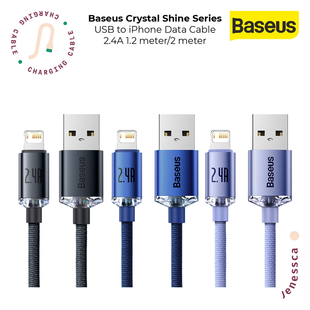 Kabel Data iPhone Baseus USB to iP 2.4A Fast Charging 1.2M/2M Crystal Shine