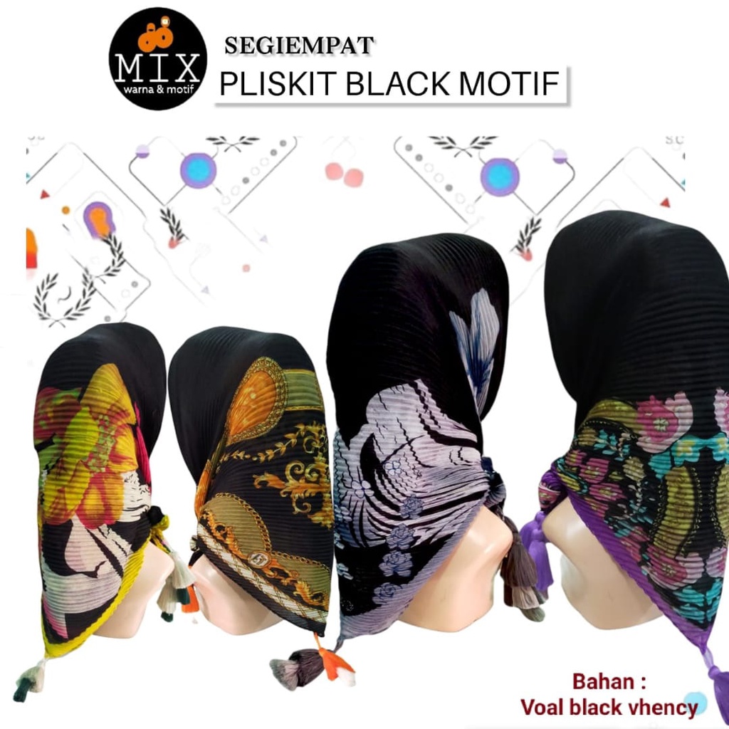 10 PCS MIX Jilbab Segiempat Plisket Jambul Tassel Polos Polka Motif Black Series Premium Hijab Segi 