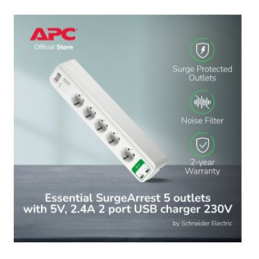 Surge protector Apc schneider 5 Ac outlet 36KA 2 usb port 2.4a 1.8m cable pm5u-gr - Stop kontak power strip