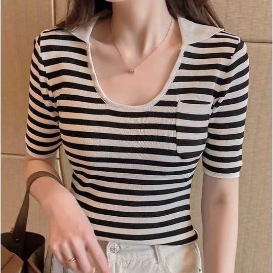 【Elegant】Summer  Stripe Tight Knitted Short Sleeve T-Shirt 7385