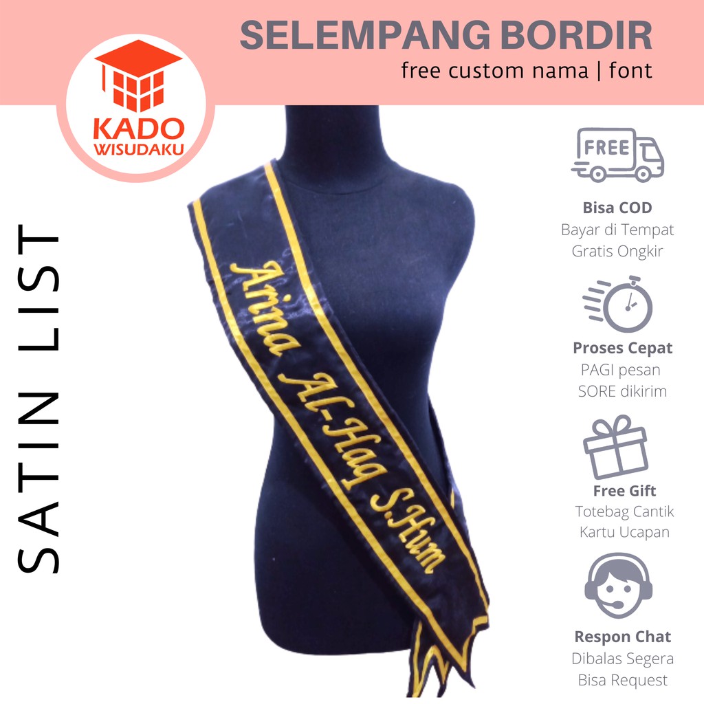 Selempang Nama Bordir Satin Wisuda Custom
