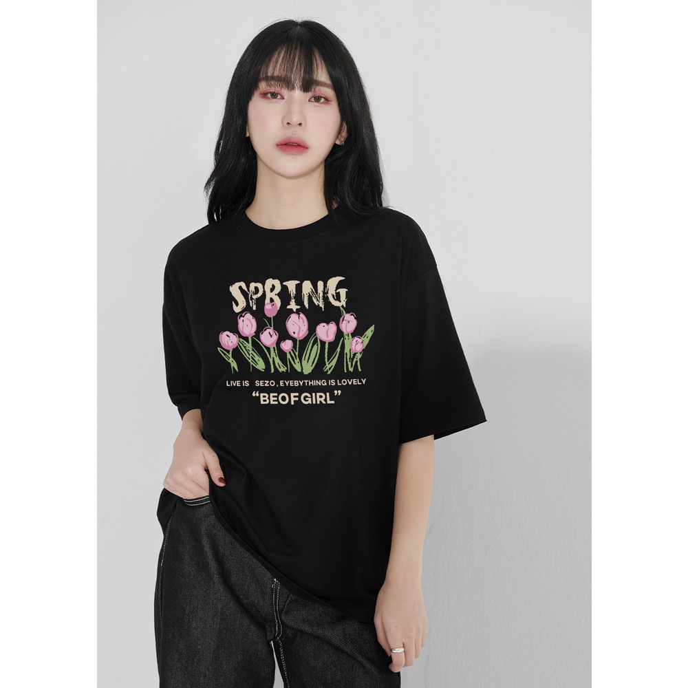 Graphic Tee Oversize Kaos Lengan Pendek Korean Style Baju Wanita Hitam Printed T-shirt