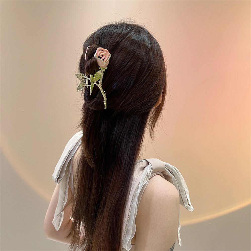 Needway   Female Hair Claw French Luxury Pink Daun Headdres Peri Mawar Hiu Klip