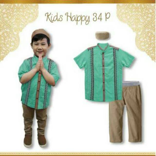KH34 Baju lebaran anak koko peci celana panjang idul fitri import hijau mint telur asin