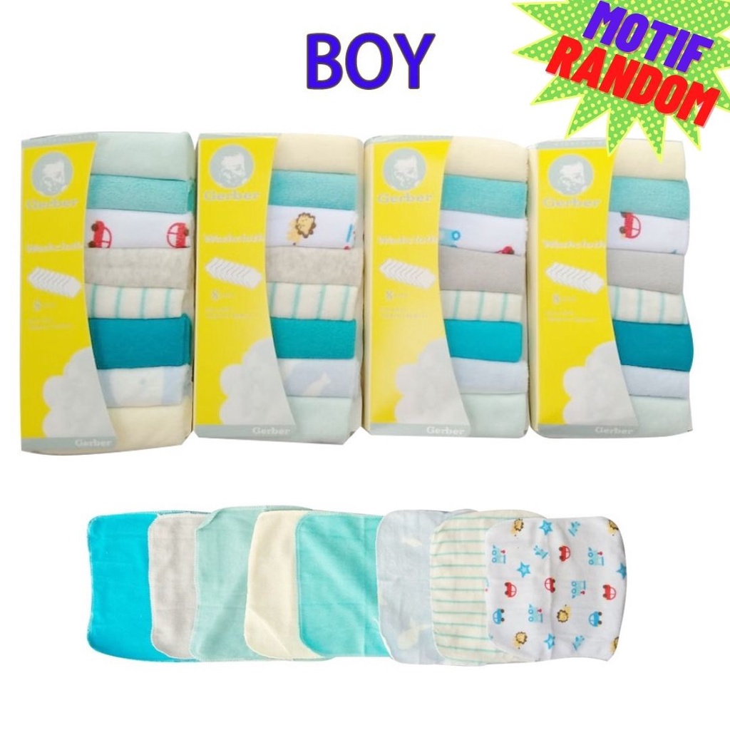 MOTIF RANDOM GERBER Washcloth Isi 8 - Waslap Towels Saputangan Warna Warni Motif Boy Girl