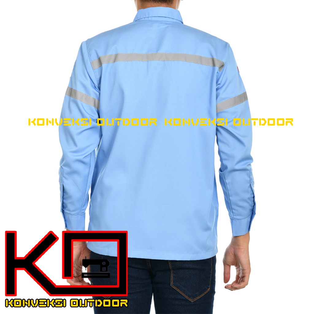 BAJU KEMEJA SAFETY WEARPACK K3 OUTDOOR PREMIUM LENGAN PANJANG - Seragam Proyek Pria Kerja Lapangan Bangunan Tambang Alat Berat PLN Enginer Instalasi Mesin Warepack Werpak Werpack Warepak Warpack Warpak Teknisi scotlet Warna Biru Muda Konveksi Outdoor