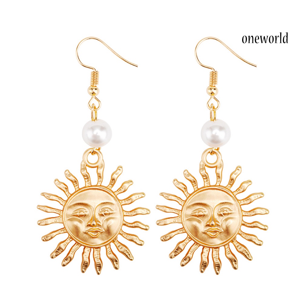 OW@ Women Fashion Sun Smiling Face Faux Pearl Drop Dangle Hook Earrings Jewelry