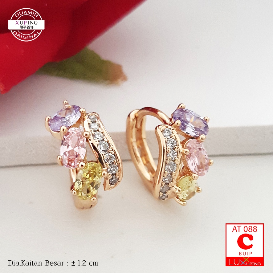 AT 088 Anting Xuping Asli Permata Batu Zirkon Warna Perhiasan Wanita Lapis Emas 18K Luxx Xuping