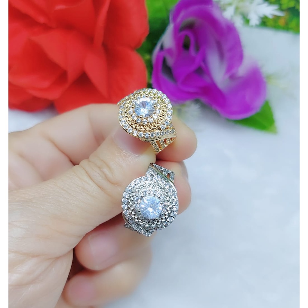 Cincin xuping lapis emas permata putih dan mata hitam perhiasan fashion