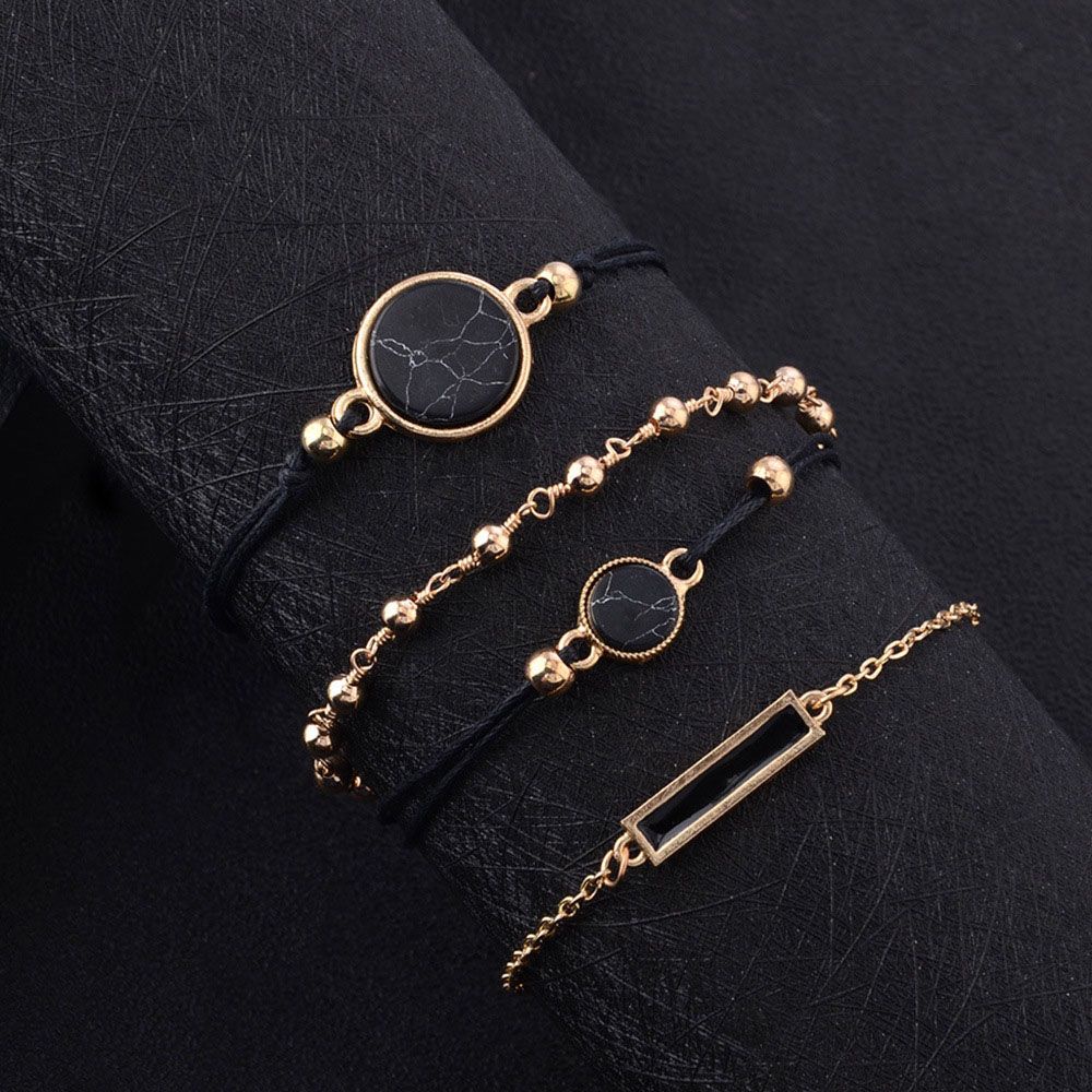 Needway  Geometric Jewelry Elegant Fashion Accessories Bracelet 4Pcs/Set Black Square Stone Handmade Simple Chain/Multicolor