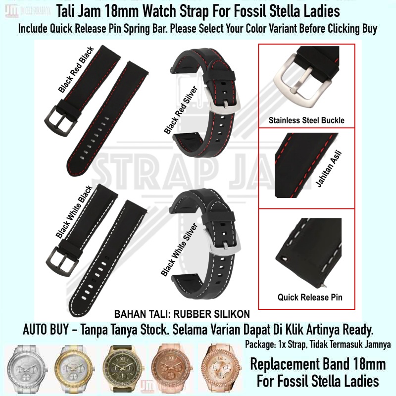 LLK Strap F0ssil Stella Ladies - Tali Jam Tangan 18mm Rubber Tebal Leather Look Keren