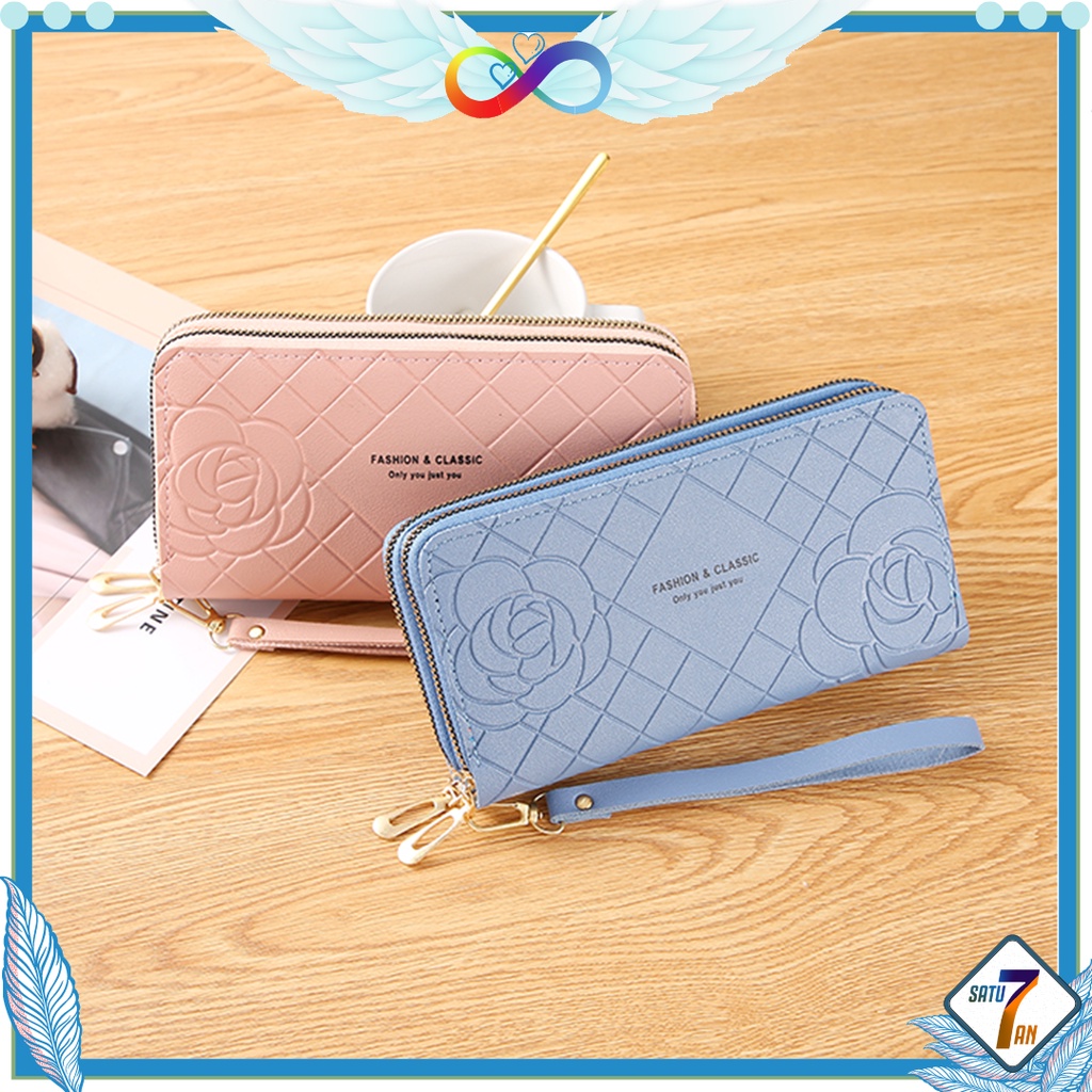 Satu7an D57 Dompet Panjang Wanita Zipper Fashion Korea Stylish Kasual Dompet Tali Pendek Clutch Cewek 2 Resleting PU