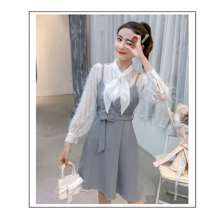 Baju set wanita - Small Grid Furry Dress + Top - baju import cina by vone_310