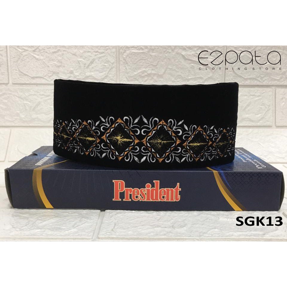 Kopiah Peci Songkok Hitam Bordir AC Bludru merk President Original Premium Murah Berkualitas