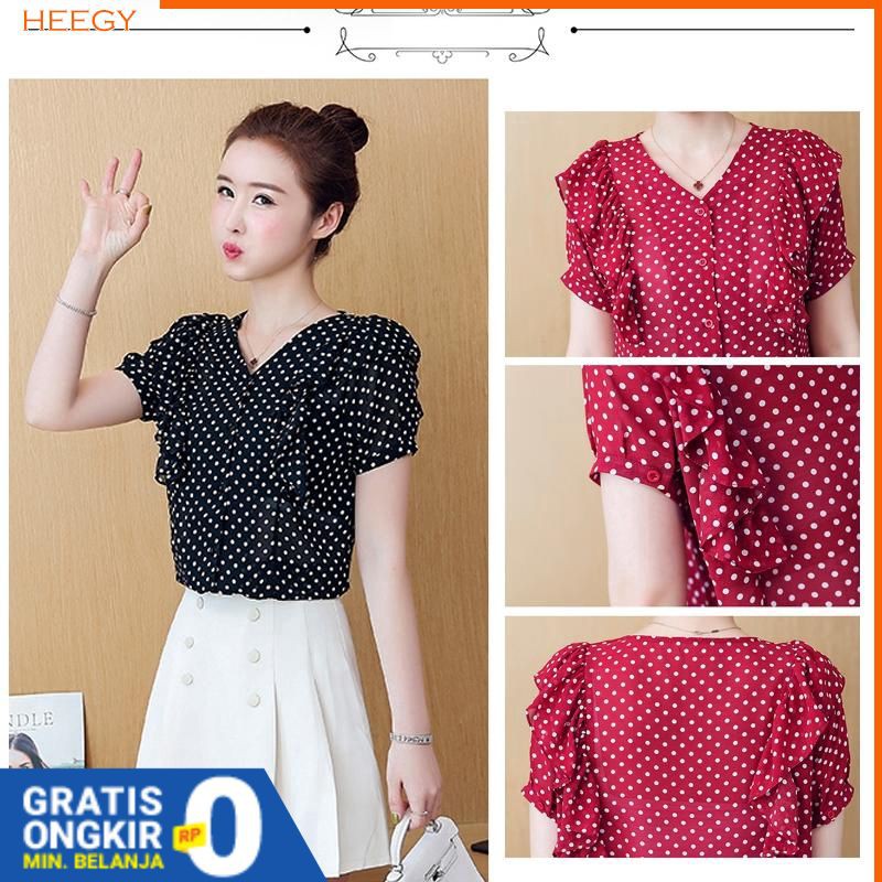 Blouse Wanita Ruffle Lengan Pendek Kerah V-Neck dan Bahan Sifon Motif Polkadot Import Gaya Korea