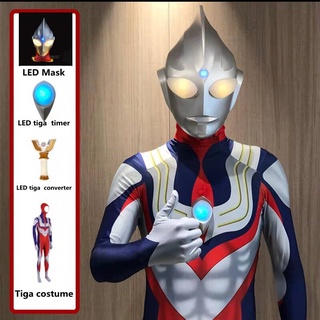PREORDER Movie Ultraman Tiga Costume Cosplay with Light Mask Fullboday Halloween Costume Superhero Jumpsuit for Male/Female//kids