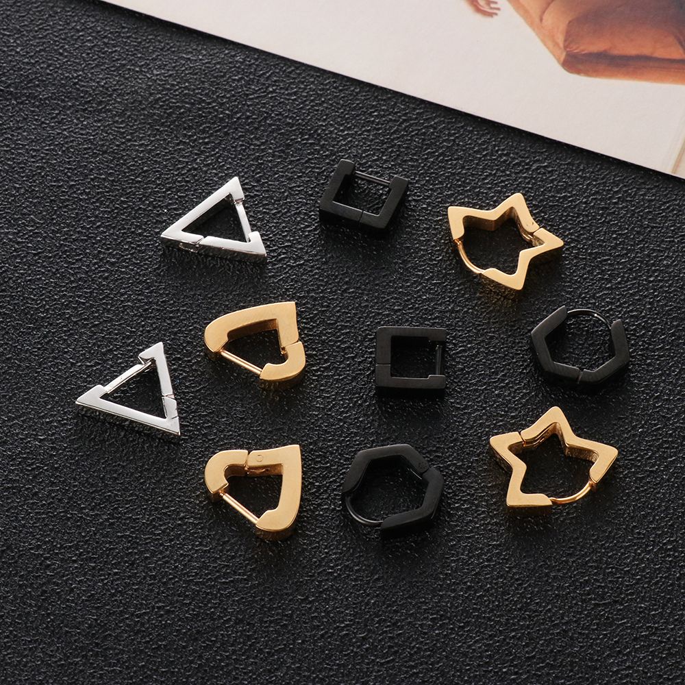 Anting Hoop Tindik Telinga Bentuk Bintang Hati Poligon Bahan Stainless Steel Warna Emas Perak Hitam Untuk Wanita