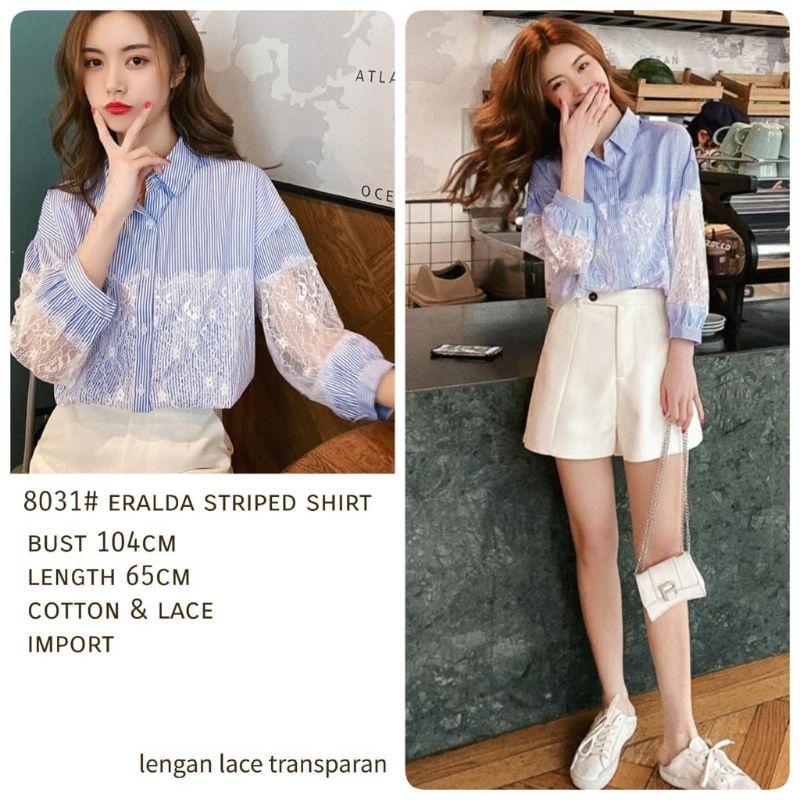 MDLV ~ 8031# Eralda Striped Shirt Kemeja Lace Renda Baju Import Model Korea Fashion import