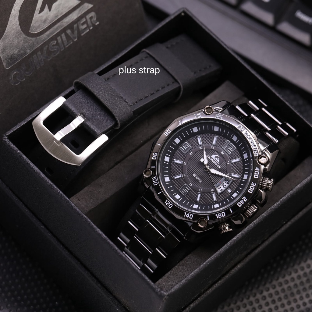 Bisa COD Quiksilver Jam Tangan Pria 4510L Tali Rantai Tangal Aktif Paket Free Tali Kulit , Box Ori d