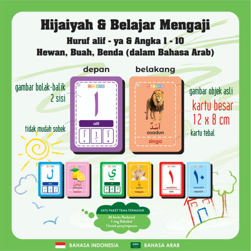 Flashcard 2 SISI Hijaiyah Belajar Mengaji Harokat . Huruf Angka Hewan Buah bahasa Arab Flash Card