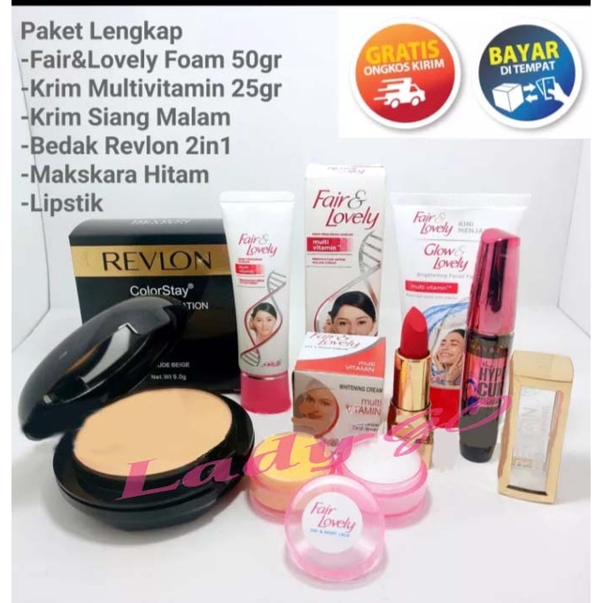 Paket Lengkap Fair&amp;Lovely-Glow&amp;Lovely Foam 50gr+Cream Mutifvitamin 25gr+Krim Susun Siang Malam+Bedak Revlon 2in1+Maskara Hitam+Lipstik Termurah