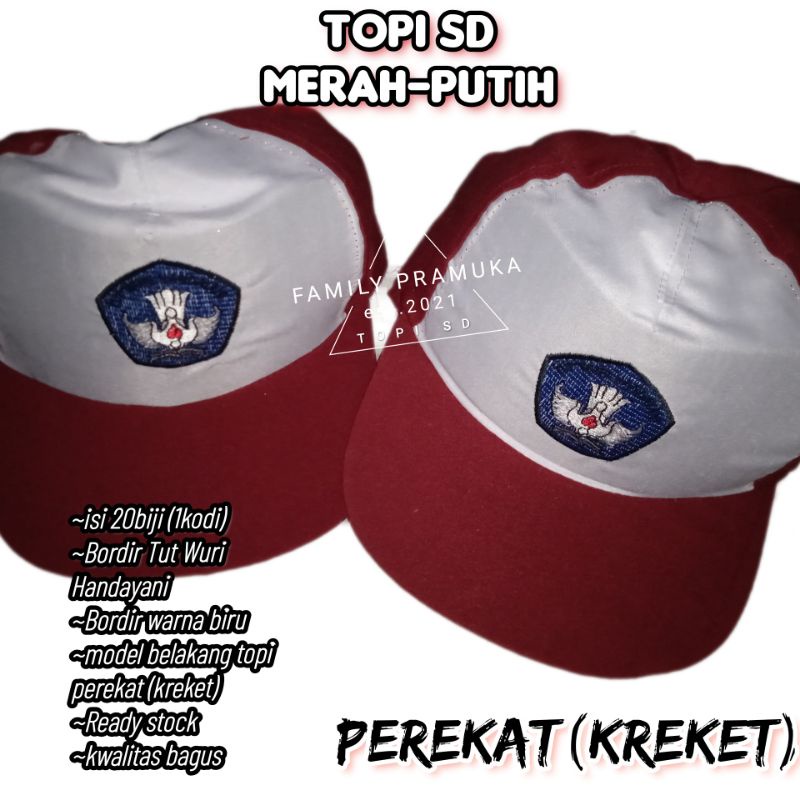 20biji Topi SD merah-putih/ bordir biru/ perekat