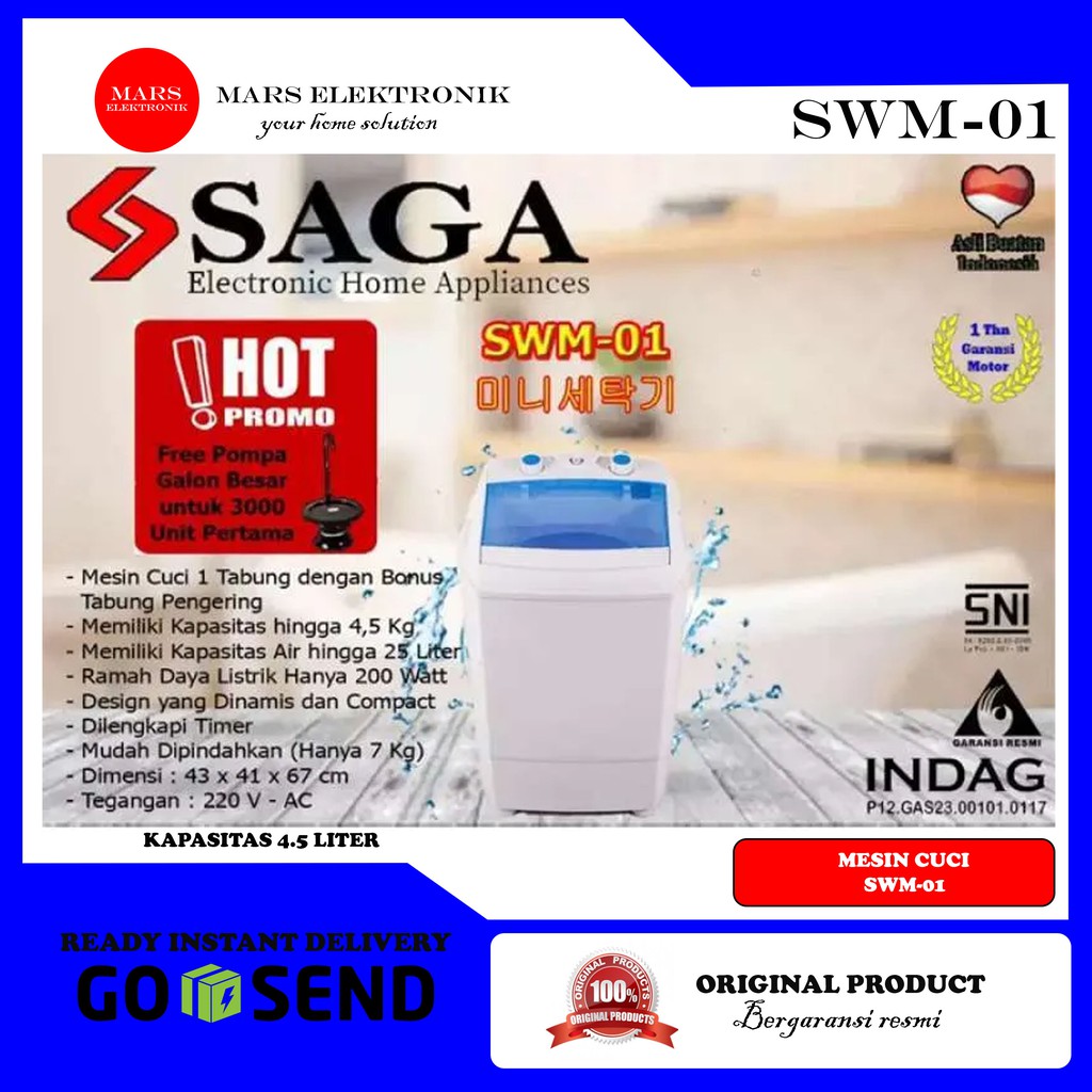 MESIN CUCI SAGA SWM-01 / KAPASITAS 4,5 KG / SWM 01 / MENCUCI DAN MENGERINGKAN / READY