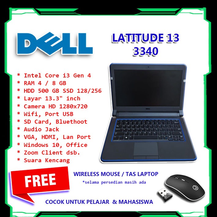 LAPTOP INTEL CORE i3 RAM 8 GB SSD 256 GB DELL 3340 - MULUS MURAH