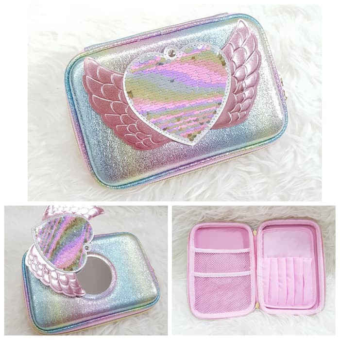 

Tempat case kotak pensil model SMIGGLE hologram sequin cermin LOVE