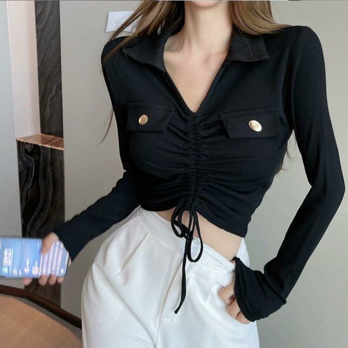 Pendek Pinggang Tinggi POLO Kerah Lengan Panjang T-shirt Serut Atasan Wanita Ramping Seksi Perut Pus