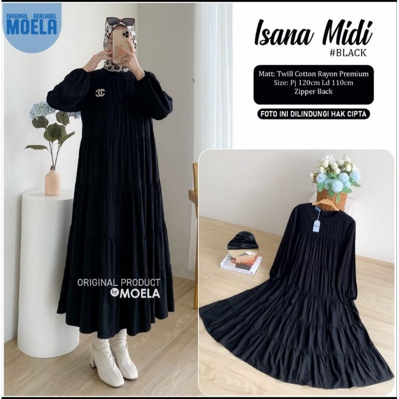ISANA MIDI,MIDI HITAM,DRESS HITAM,GAMIS HITAM REMPLE,GAMIS RAYON HITAM REMPEL MIDI BLACK