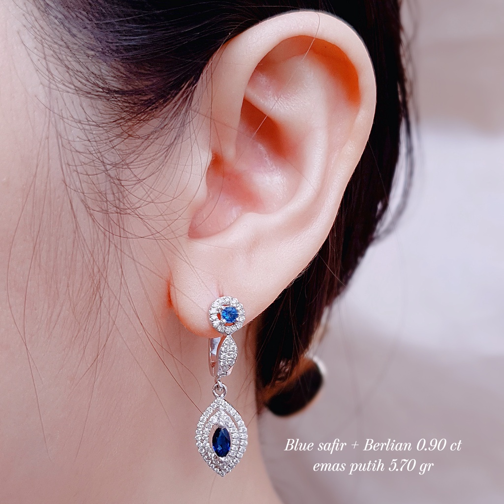 Perhiasan Anting giwang berlian 0.90 ct + blue safir bahan emas putih kode 1189