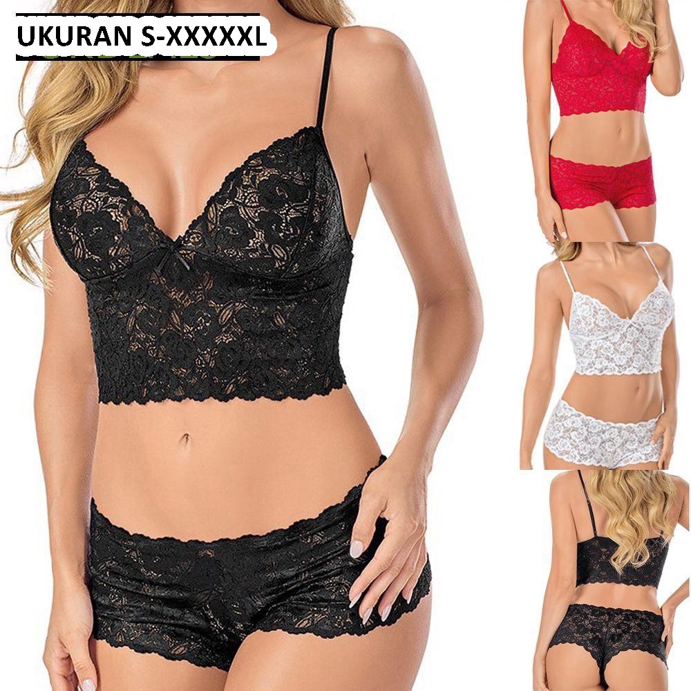 Set Bra Lingerie Model Lilit Dada + Celana Dalam Motif Bunga Bahan Lace Tipis untuk Wanita