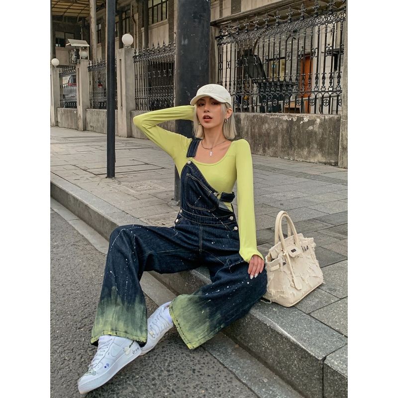 Kunbai ink suspender jeans wanita Amerika retro longgar lurus celana lebar kaki ins celana ramping w