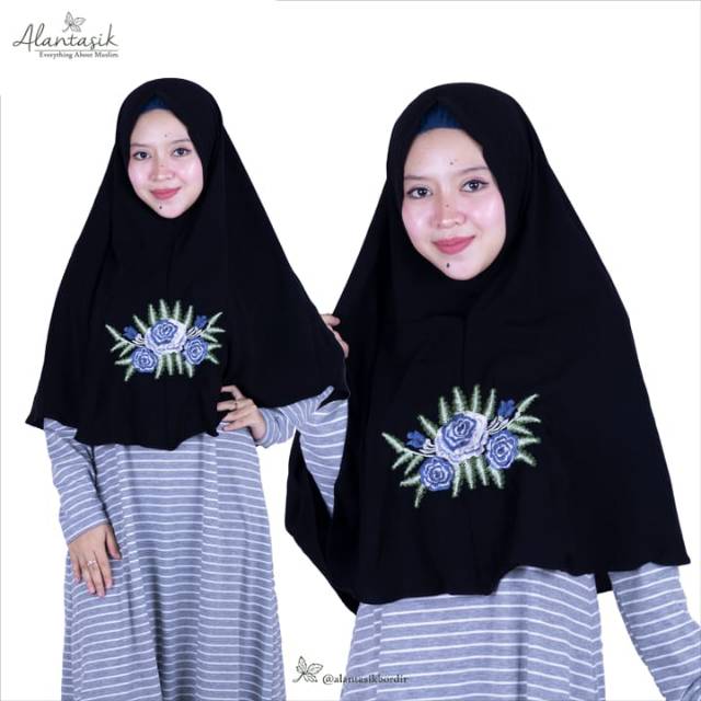 khimar simple bordir handmade/ jilbab instan non pet wolfis bunga besar Alantasik R.23