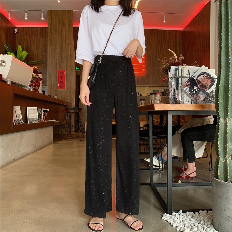 korean style celana panjang wanita high waist kasual loose hitam straight pants