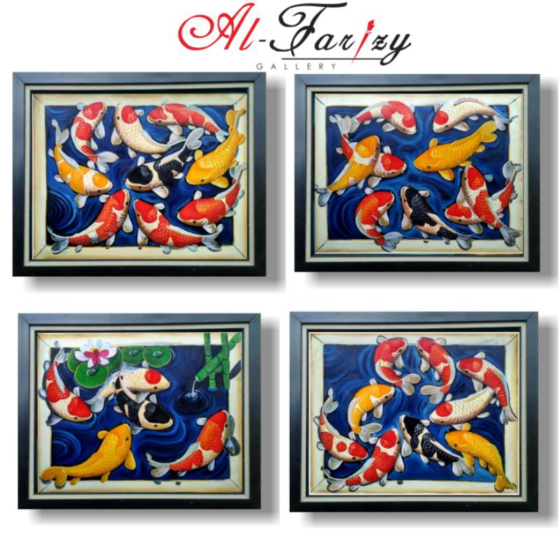Lukisan Ikan Koi 3D Fengshui 9 dan 5 Ekor Ukuran 60x80 cm Lengkap dengan frem Lukis