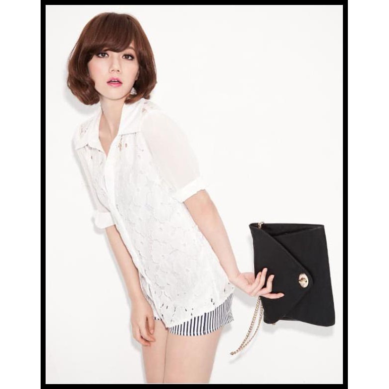 BLOUSE KEMEJA HEM ATASAN BAJU WANITA KOREA IMPORT PUTIH WHITE CROCHET