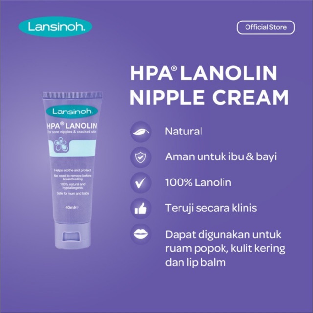 Lansinoh HPA Lanolin nipple cream 10ml &amp; 40ml / salep puting lecet / lansinoh BPOM indonesia / cream penyembuh puting sakit, perih, dan lecet/ krim pelembab puting ibu menyusui / perawatan nipple