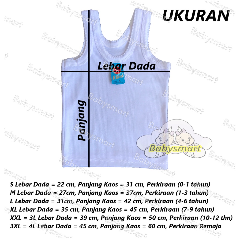 Babysmart - 1 PCS Kaos Dalam / Singlet Bayi/Anak PUTIH/WARNA RIANI/ORIN / singlet bayi new born - 13 Tahun Size S, M, L, XL, 3L, 4L