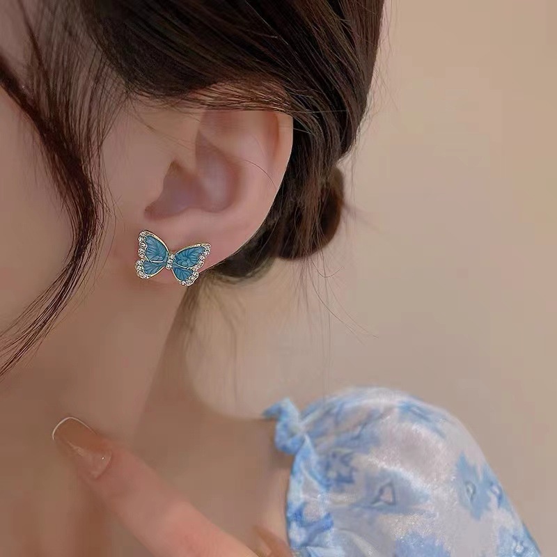 Anting Tusuk Silver Desain Kupukupu Biru Hias Zircon Gaya Korea Untuk Wanita Butterfly