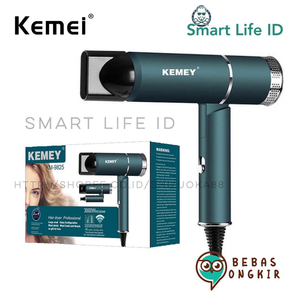 Hair Dryer Alat Pengering Rambut Kemey Lipat Elektrik Professional 2 in 1 Panas Dingin Cool Hot Travel Kemei KM 9825