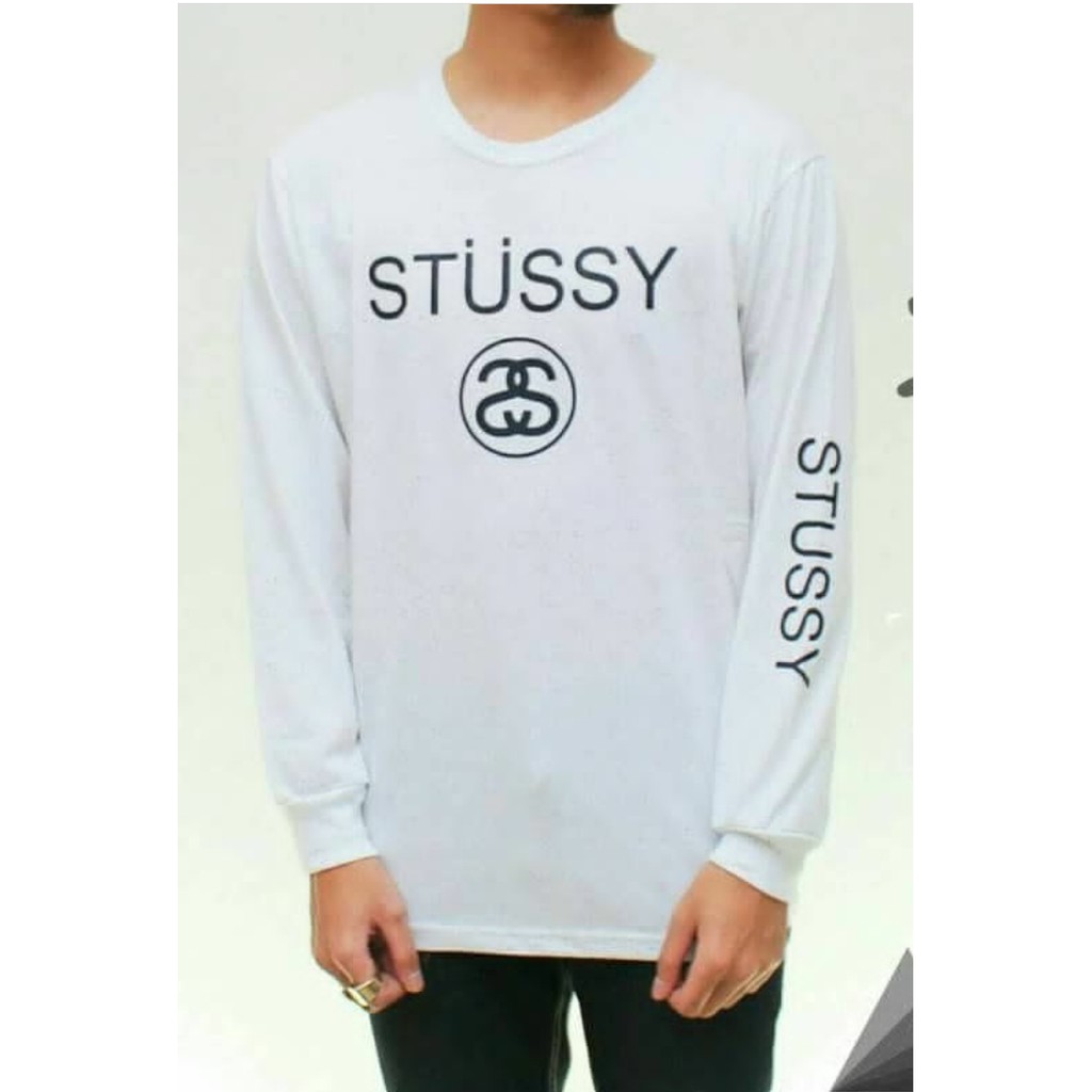 Tshirt baju kaos stussy long sleeve putih terbaru casuals lengan panjang