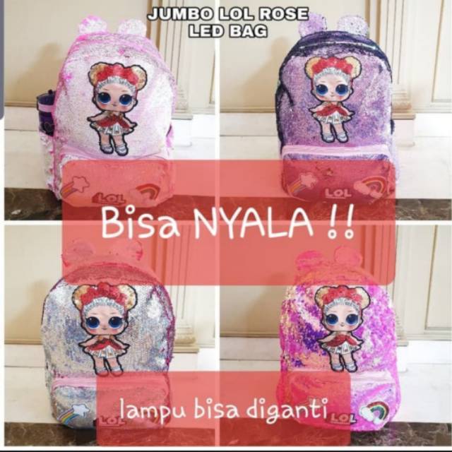 TAS RANSEL SEKOLAH LED LAMPU MOTIF LOL SEQUIN GLITTER IMPORT / JUMBO BAG / TAS SEKOLAH SD BESAR