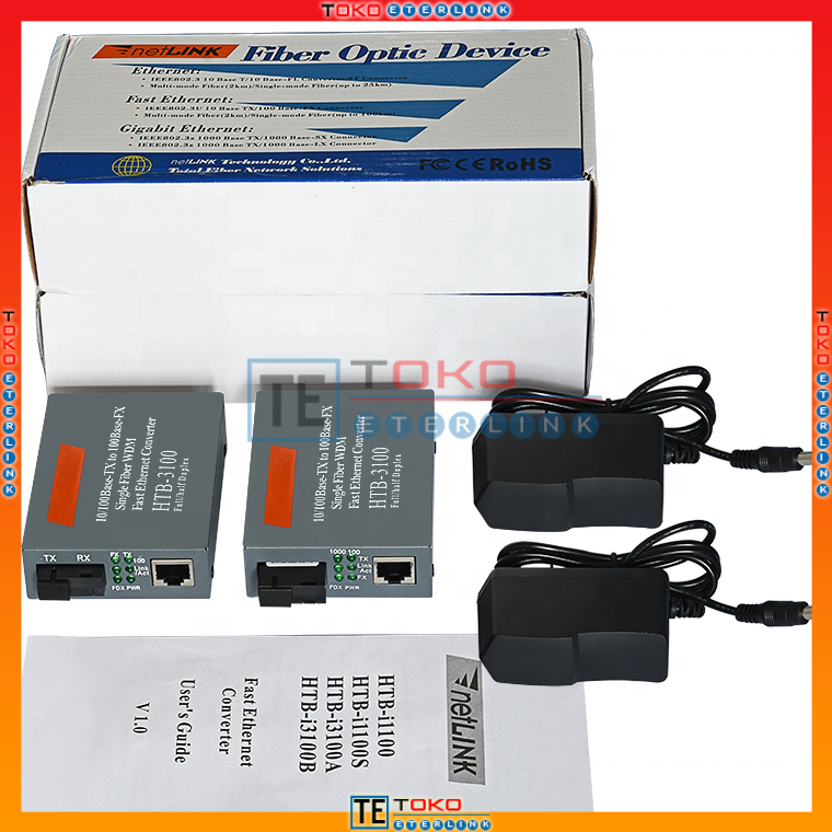 Sepasang HTB-3100 Fiber Optic Media Konverter Single Mode dengan 5V 2A EU Adaptor-sepasang