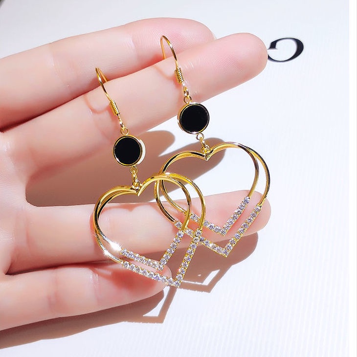 Selebriti Internet double-layer berbentuk hati Telinga hook high-grade anting-anting Korea selebriti