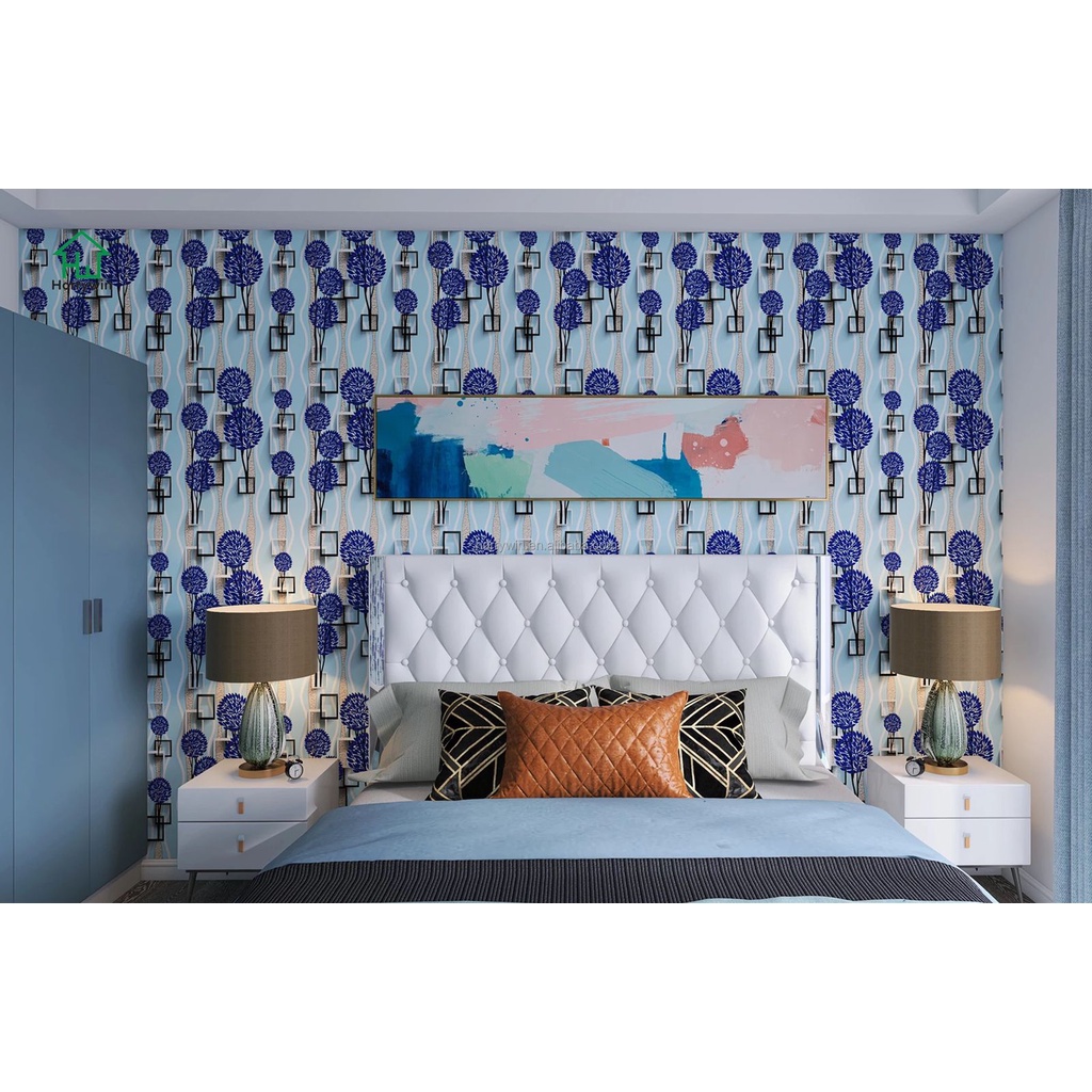 Wallpaper Dinding Motif Daun 3D Biru Kotak